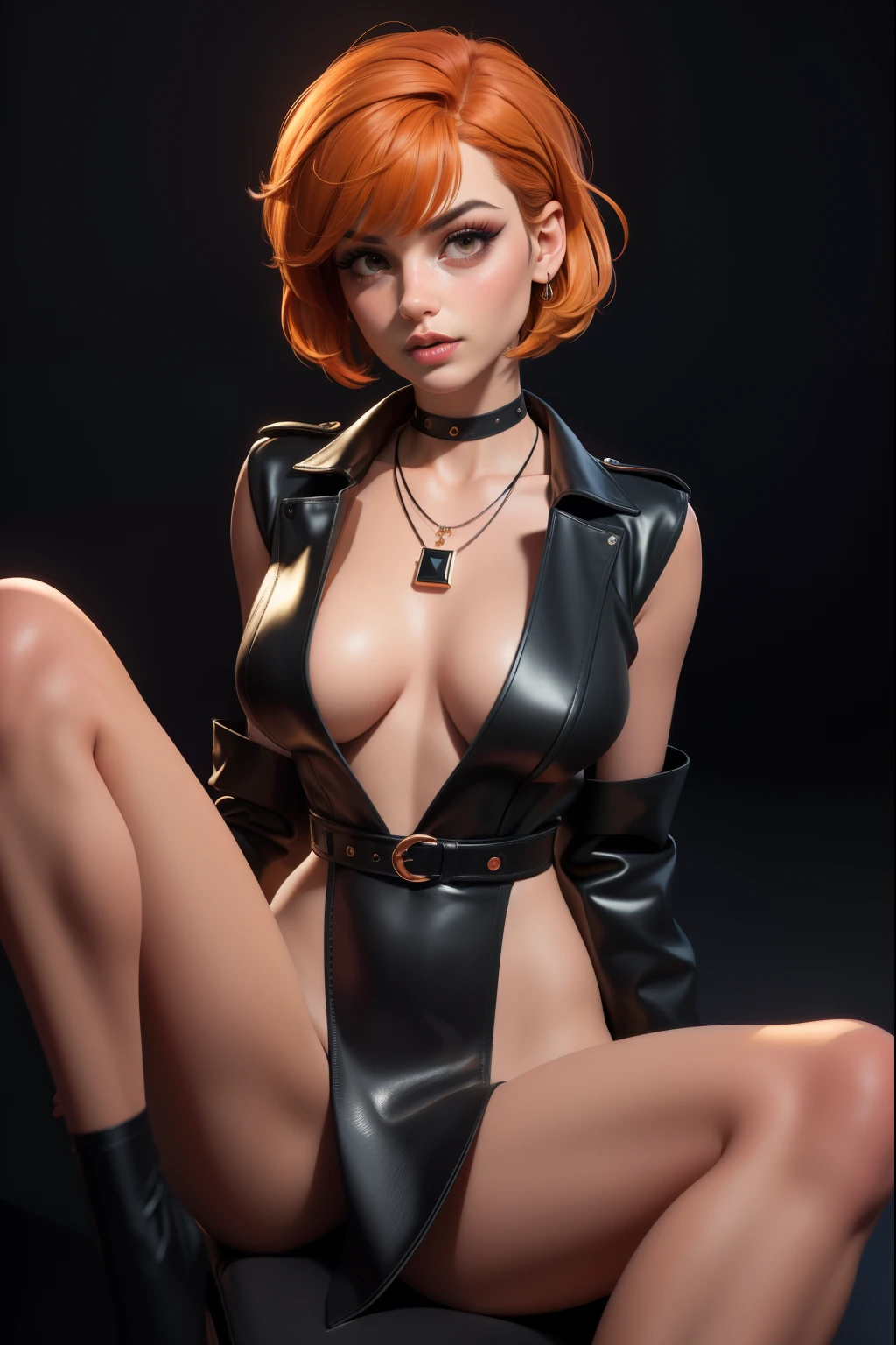 masterpiece, best quality,3d rending work ,3DMM style, pro nude fashion photography, 3D,1 nude girl, solo, erotic photo, erotic art, multicolored hair, orange hair, black hair, necklace, freckles, jewelry, two-tone hair, looking to the side, lustful look, realistic, full naked body, pink nipples, simple background, bangs, looking away, short hair, parted lips, black eyes, lips, gothic, choker, makeup, mole, sexy fashion pose, post punk, dark wave, cinematic lighting, chiaroscuro, Canon, from above