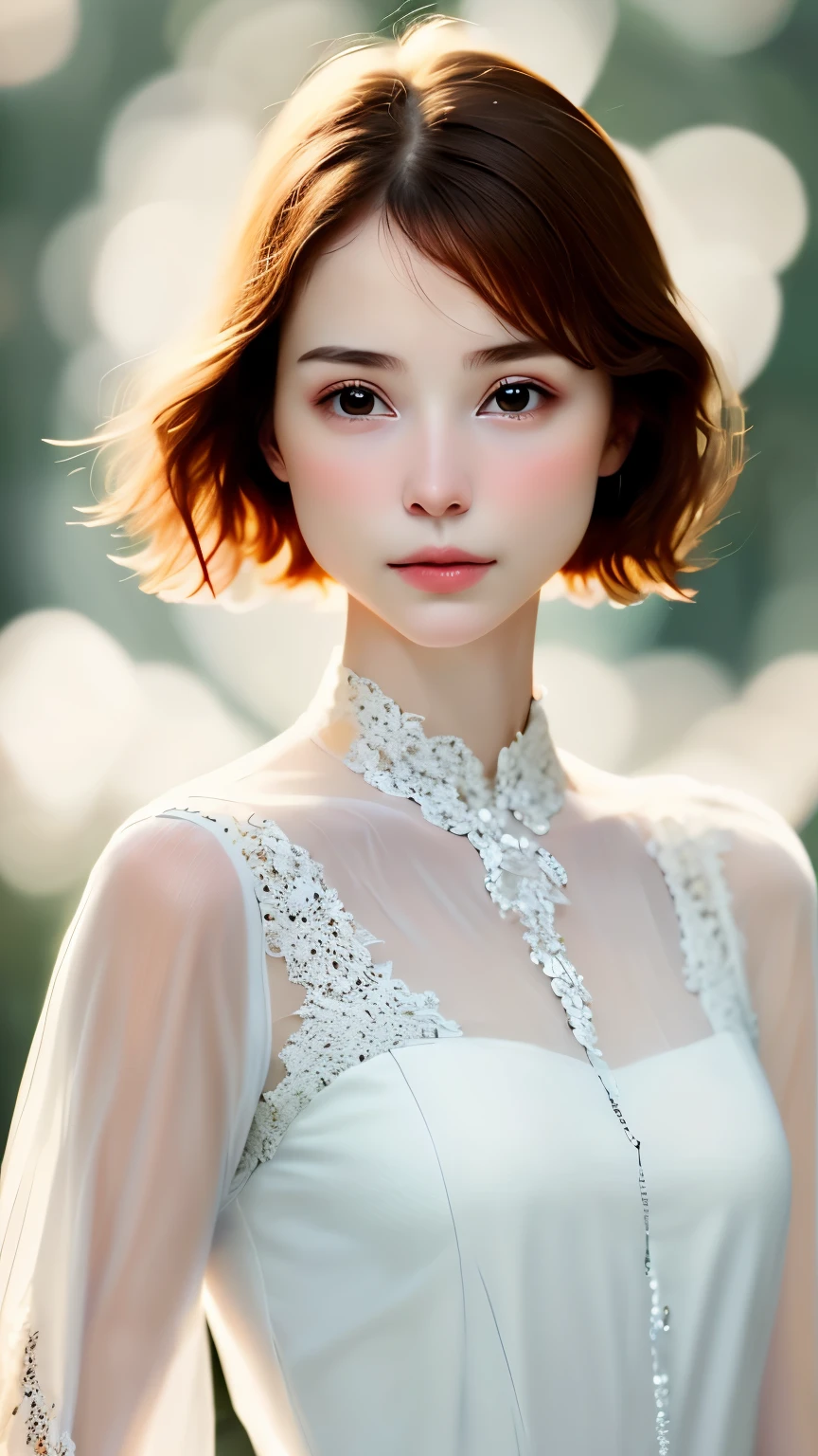 anatomy、Realistic depiction of the human body、one woman、16talent、very cute face、brown hair、distinctive short bob、small breasts、transparent skin、Highly realistic depiction、Rin々new expression、realism、Upper body angle、focus on face、white elegant dress、blurred background、highest quality、ultra high resolution、Highest image quality、master piece、digital art、digital portrait、perfect lighting、professional photographer