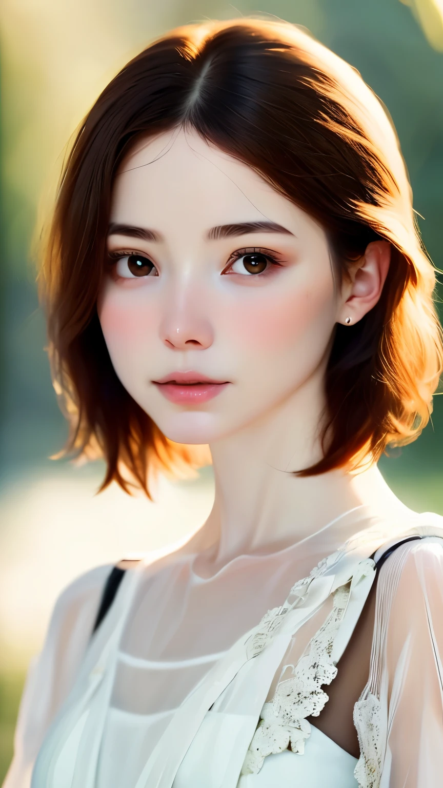anatomy、Realistic depiction of the human body、one woman、１６talent、very cute face、brown hair、distinctive short bob、small breasts、transparent skin、Highly realistic depiction、Rin々new expression、realism、Upper body angle、focus on face、white elegant dress、blurred background、highest quality、ultra high resolution、Highest image quality、master piece、digital art、digital portrait、perfect lighting、professional photographer