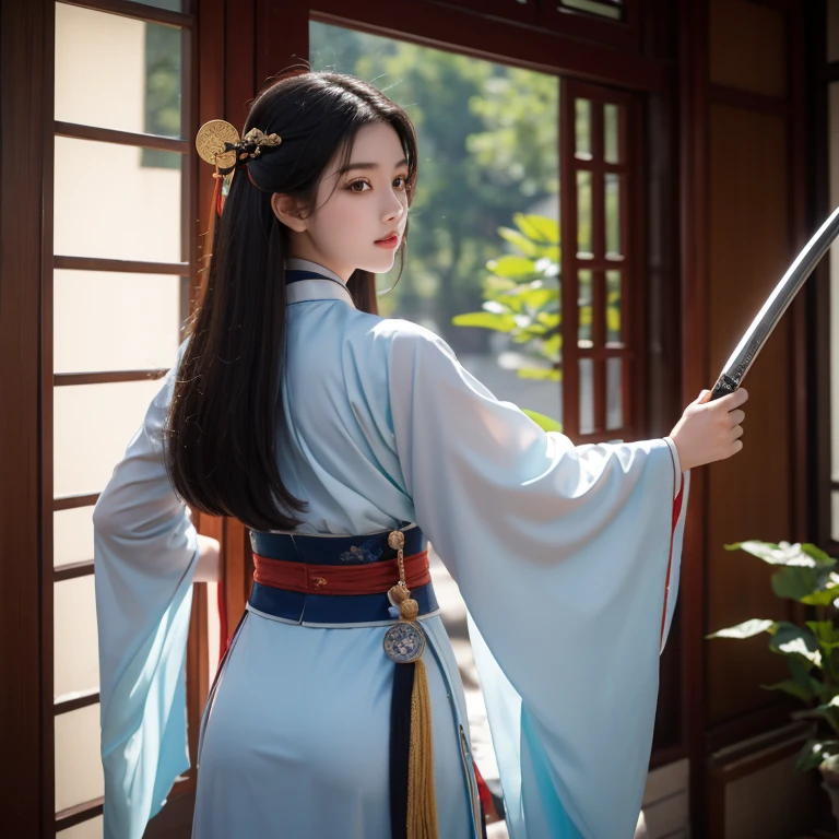 Xiu Xian novel,Girl 17 years old,chinese woman,Curvy and sexy in Hanfu,Front and back facing angle,Sword in hand,long hair fluttering