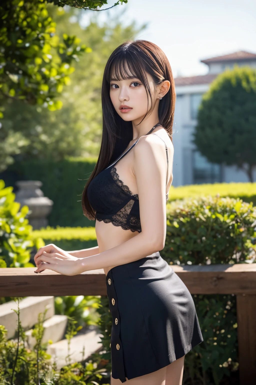 masterpiece,8k,highest quality,Ultra-fine illustration, I can see the whole body,highly detailed face, Fine and shiny skin,big eyes), (long straight black hair, big breasts: 1.2), (shot from below,face down), pretty face, 21 year old Japanese,Camisole Dress,lift up the skirt,purple see-through panties,Big eyes, double eyelid，embarrassed look,in the city