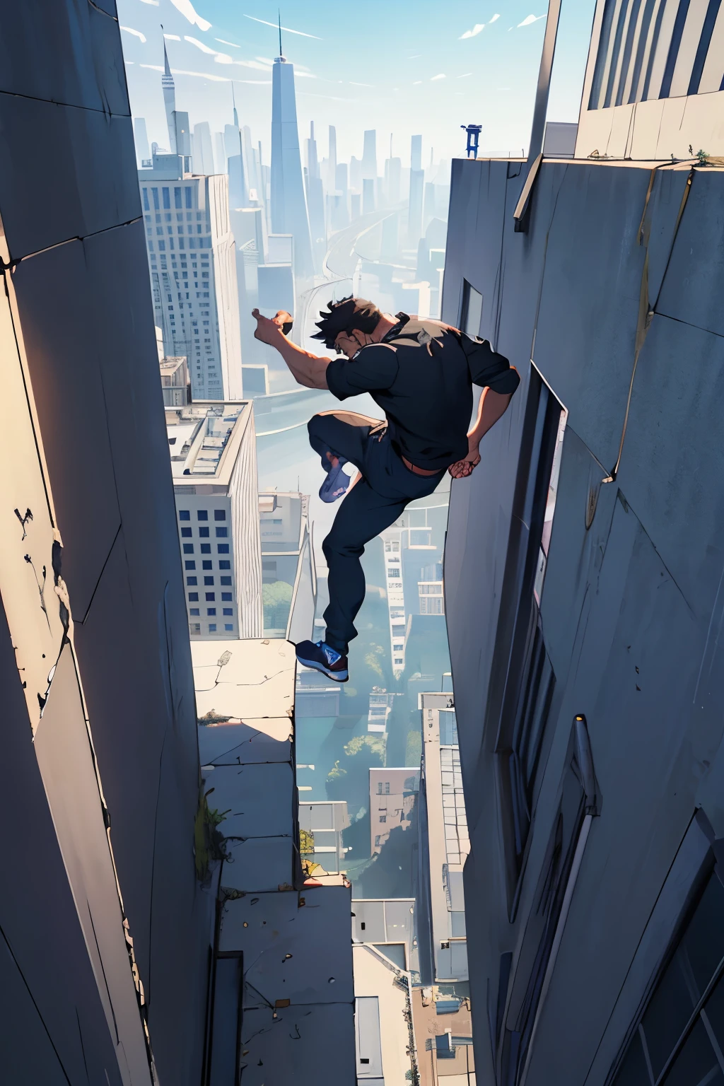 A man is parkour on the top of a skyscraper((best quality)), ((masterpiece)), (detailed), perfect face