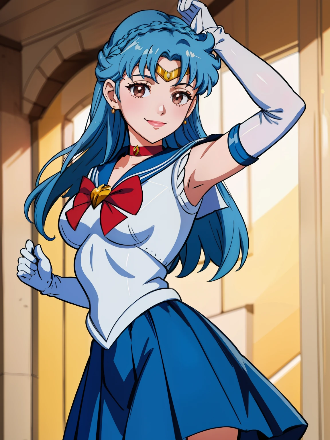 marianne von edmund, crown braid ,sailor senshi uniform, blueskirt, elbow gloves, tiara, blue sailor collar, red bow, bluechoker, white gloves, jewelry, smile