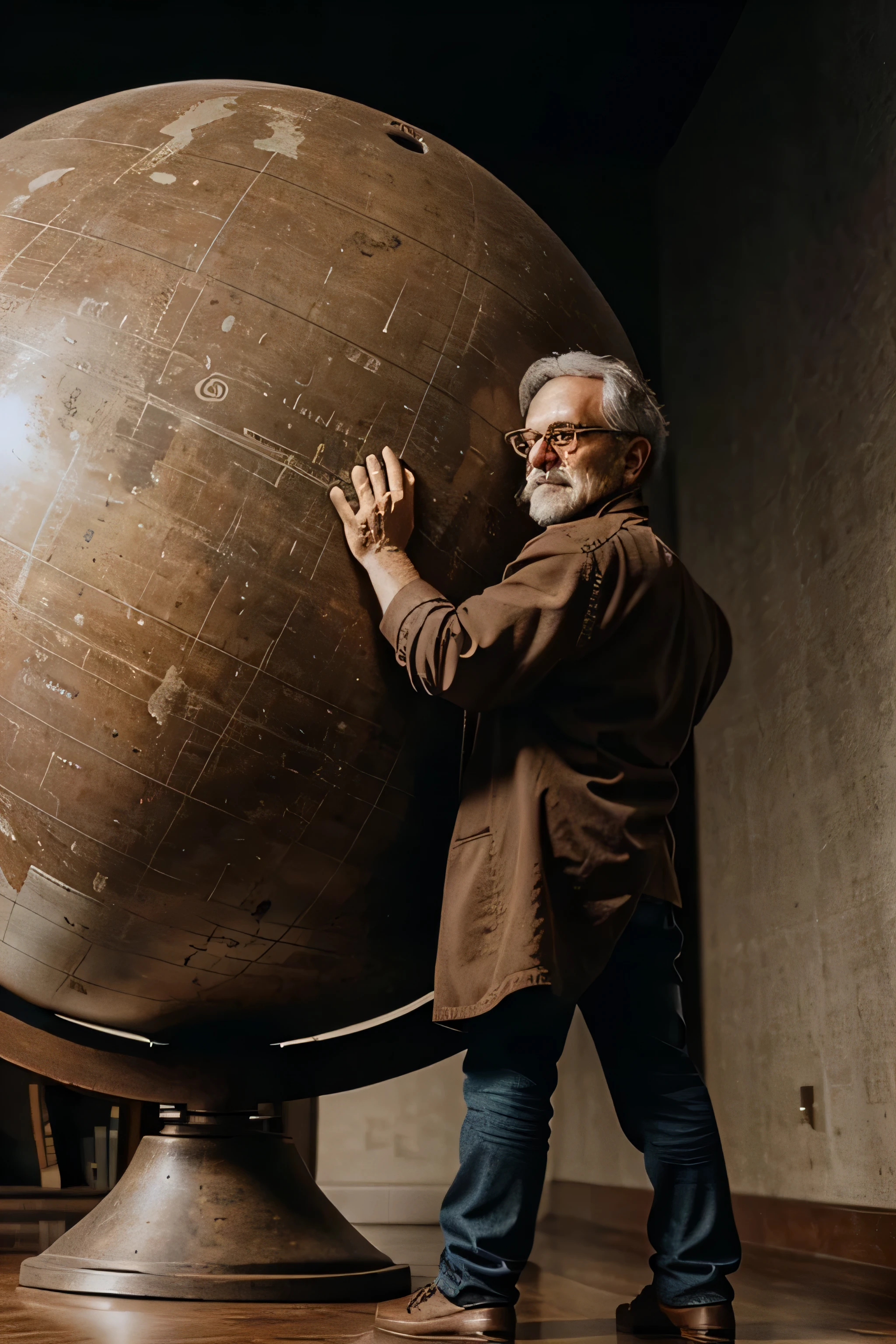 a close up of an old mathemetician holding the heavy earth globe over his shoulders trying to stand up and support it