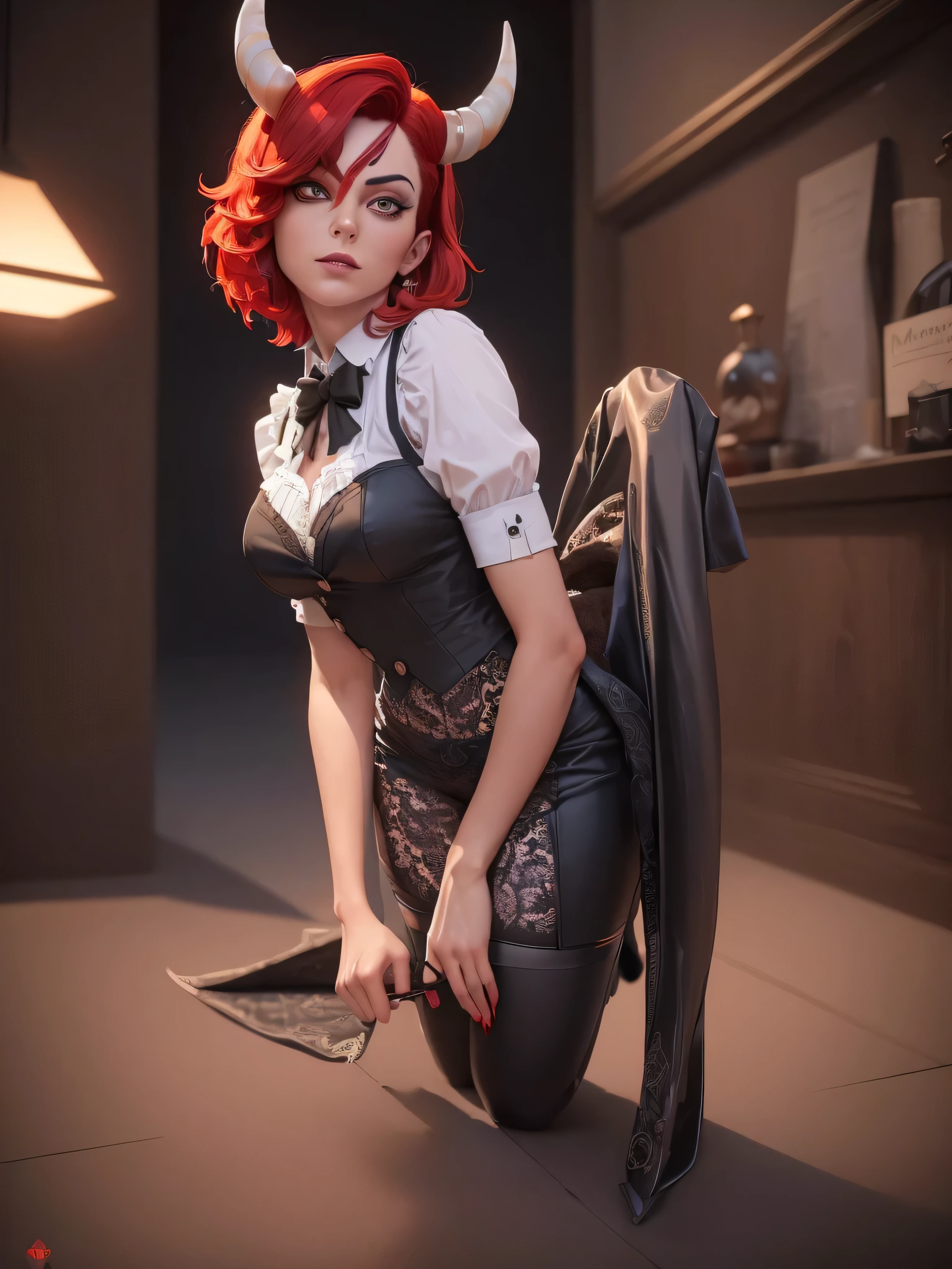 (masterpiece: 1.5), (best quality: 1.5), high resolution, Very detailed, full body portrait，3 minutes rice,There are two black horns on the head，monocle, sharp edge，waist-to-hip ratio，red skinned succubus, Mature and neat red short hair, alone, humble,waitor， servant，Sven scum，Serious, bend over，Vest, lace，obsidian，data, low contrast, Vivid lighting, Atmospheric depth, superb technology,Symmetrical composition,black background，Red window， Creative improvements, striking, Evocative tone, captivating coloration, dramatic lighting