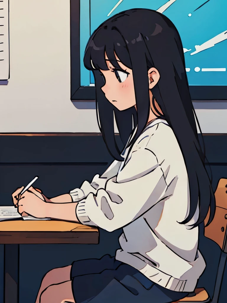 Perfect anime illustration, side view illustration of a girl having long black hair with bangs, sitting on a table looking ahead