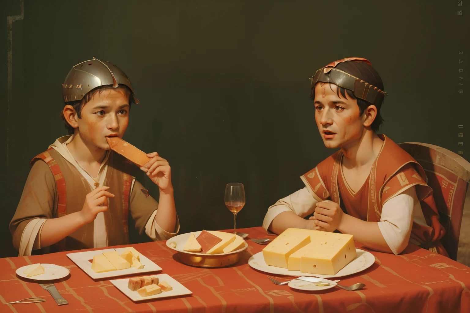 Rome, 77 BC. A little ((((9--old)ulius Caesar)), in a tabern, drinking wine, eating cheese, ((happy but moody expression)). ((((roman clothings from the 1st century BC))))