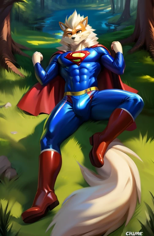 4k resolution a pokemon arcanine wearing blue shiny latex bodysuit Superman spandex costume, red cape, red speedo, red boots, bulge, detailed bulge, lying on the ground, at a forest near a river, by chunie by cxcxxcxxxx