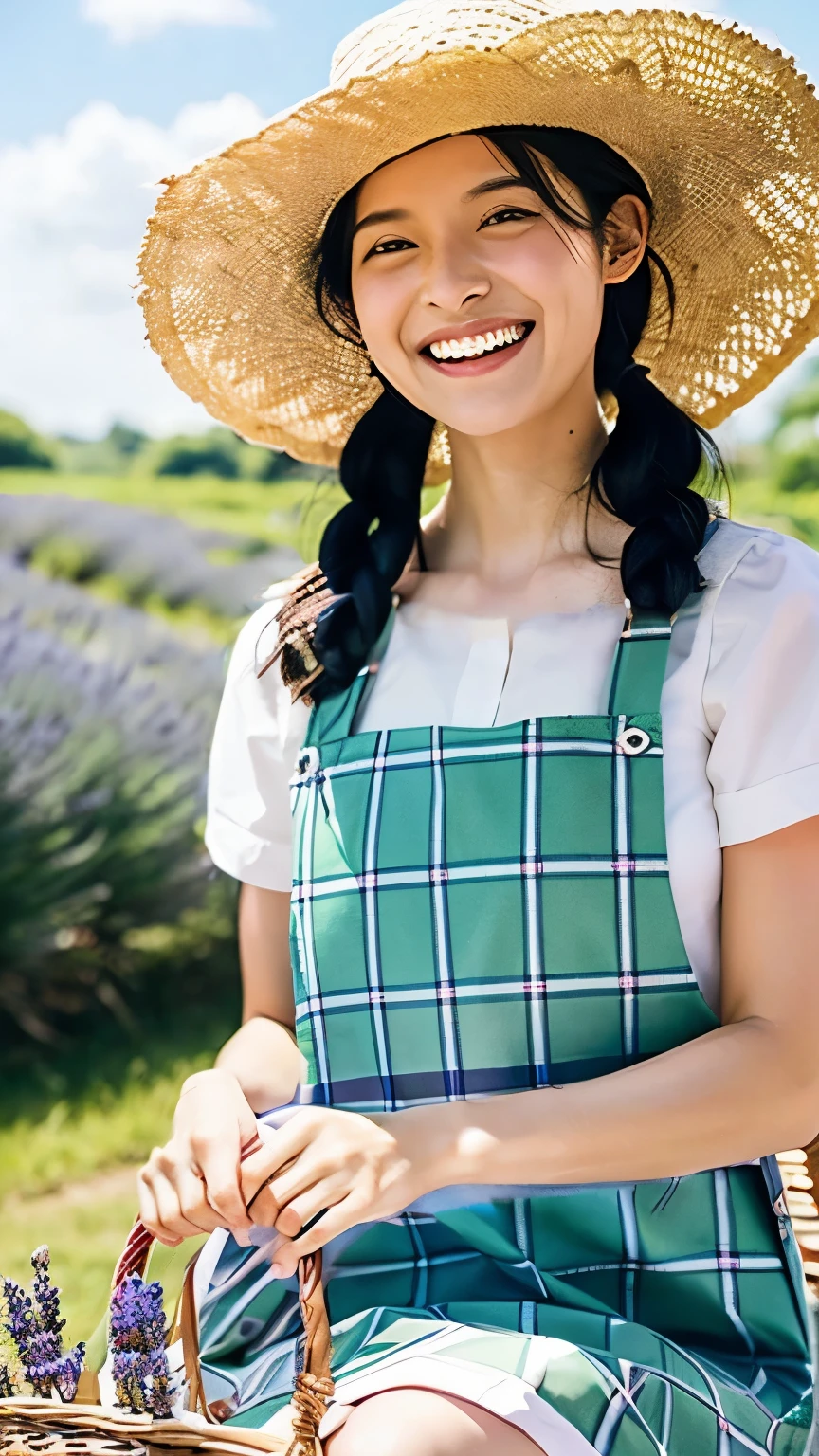 college girls、ite person、((Naked wearing only one white apron、Naked sexy white apron))、Outside the field、(Slimed、small tit、flat boobs、small boobs)、Photorealsitic、detaileds, Skin texture, ultra-detailliert、Delicate and sexy collarbone、a smile、Super detailed face、detailed lips、A detailed eye、二重まぶた、Sitting on legs bending the knees、squatting、White panties are visible from the skirt、sexy pose