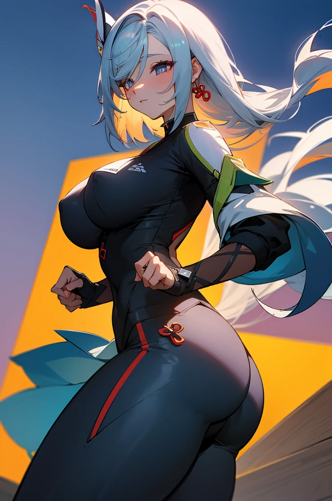 Shenhe, tight outfit, sportswear, , seductive, voluptuous, night sky view, realistic, best quality, masterpiece, ultra detail, ultra high res, extreme detail