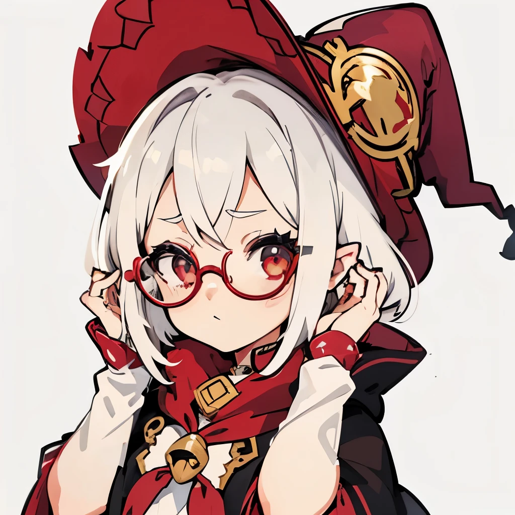 white hair、Gold Glasses、round glasses、Red Hair Ribbon、Tomboy、Kyoton、game character costume、very stylish outfit、cute girl、beret、Autumn foliage background、cute witch、cute eyes、cheerful、shy