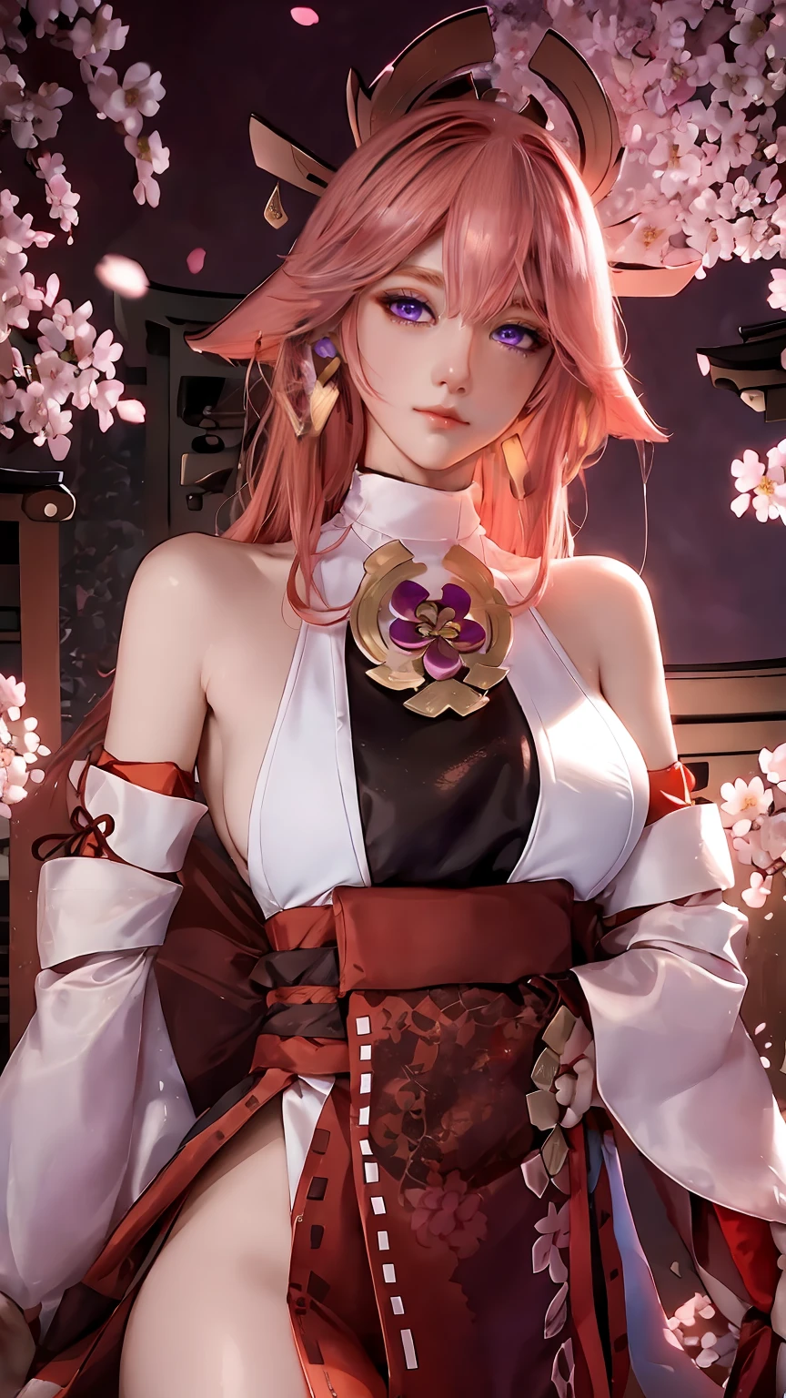Masterpiece, Excellent, 1girl, solo, complex details, color difference), realism, ((medium breath)), off-the-shoulders, big breasts, sexy, Yae Miko, long pink hair, red headdress, red highlight, hair above one eye, purple eyes, earrings, sharp eyes, perfectly symmetrical figure, choker, neon shirt, open jacket, turtleneck sweater, against the wall, brick wall, graffiti, dim lighting, alley, looking at the audience, ((mean, seductive, charming)), ((cherry blossom background))),((Japanese temple background)))), (((luminous background))), (dynamic pose), tulle, bare shoulders, blooming flower fields, radiant skin, faint smile, sexy, bust, slutty, erotic, suggestive, cocked ass, tummy look, ((nsfw))