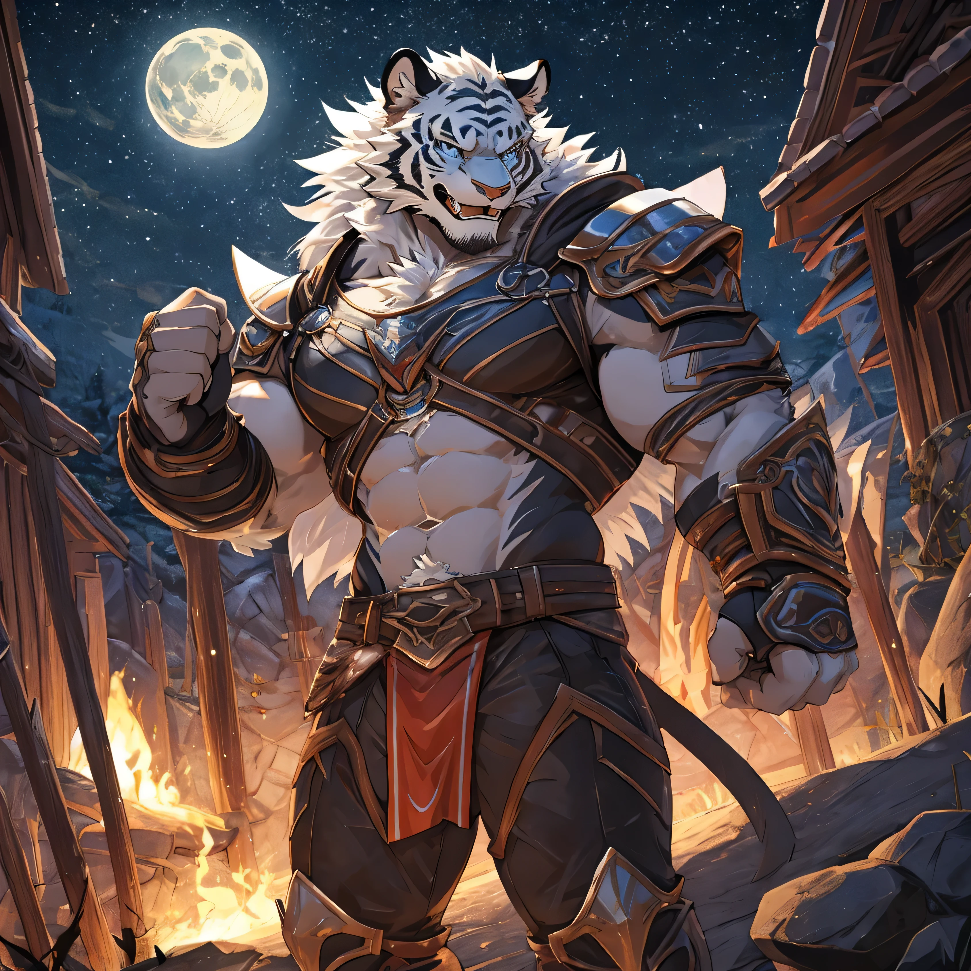 perfectly white tiger, muscle, Costume armor predominantly white and silver, leather armor, A face with perfect detail, outdoor, Nighttime, moon, Natural Background, light, roaring pose, crying pose