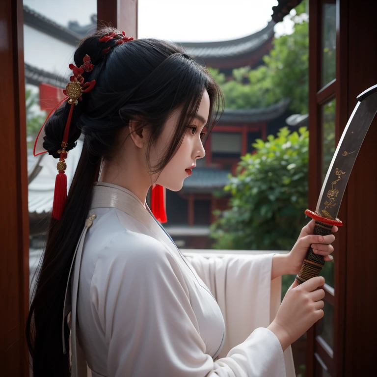 Xiu Xian novel，Female monk wearing sexy Hanfu，Beautiful hair，front and rear view，Sword in hand