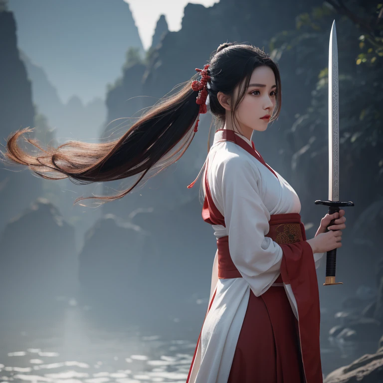 Xiu Xian novel,Female monk wearing sexy Hanfu,Beautiful hair,front and rear view,Sword in hand
