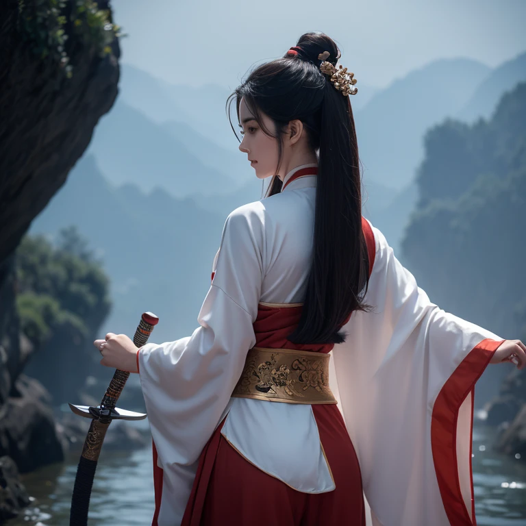 Xiu Xian novel,Female monk wearing sexy Hanfu,Beautiful hair,front and rear view,Sword in hand