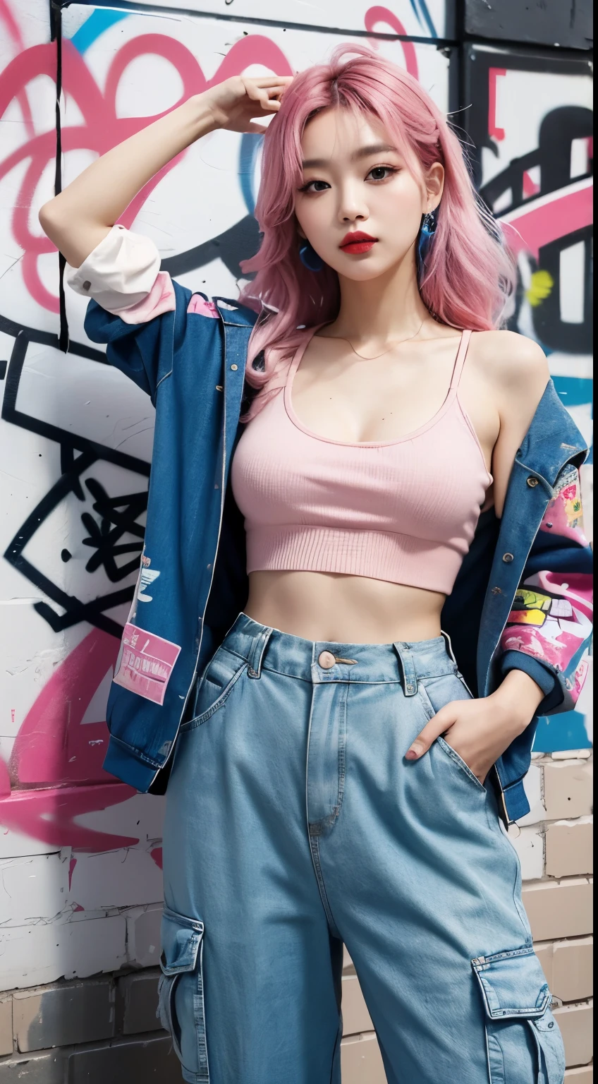 best quality, Clarity, 4k, 8k, detail, actual, Beautiful Girl, Korean makeup, Red lips, pink and blue hair, Perfect body, thigh, stand, pose standing, medium chest, inner top, Pink and Blue Cargo Box Pants, Solid graffiti wall background, Graffiti art,