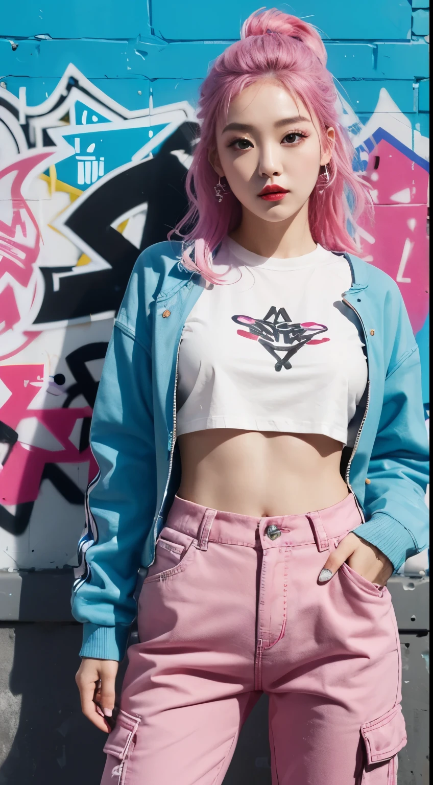 best quality, Clarity, 4k, 8k, detail, actual, Beautiful Girl, Korean makeup, Red lips, pink and blue hair, Perfect body, thigh, stand, pose standing, medium chest, inner top, Pink and Blue Cargo Box Pants, Solid graffiti wall background, Graffiti art,