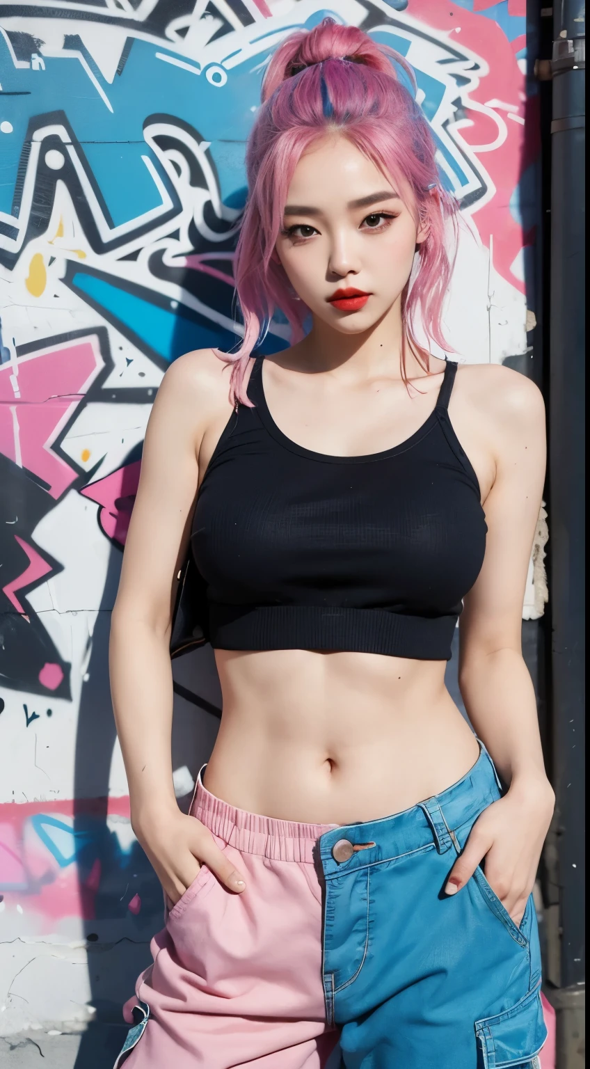 best quality, Clarity, 4k, 8k, detail, actual, Beautiful Girl, Korean makeup, Red lips, pink and blue hair, Perfect body, thigh, stand, pose standing, medium chest, inner top, Pink and Blue Cargo Box Pants, Solid graffiti wall background, Graffiti art,