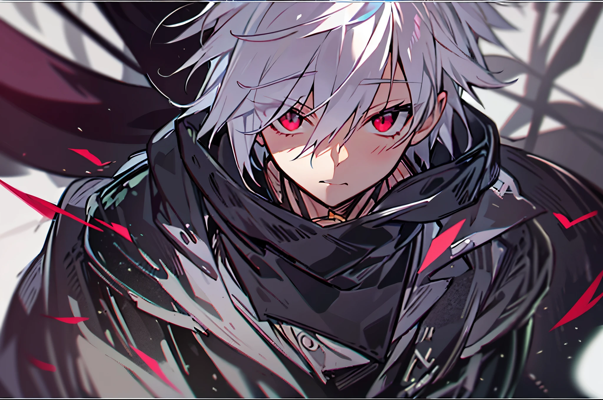 hight resolution,Anime boy with white hair and red eyes staring at camera, red eyes,slim, dressed in a black outfit,Shadow Body,Brown skin,monochromes,hair messy,Diagonal angle、笑み