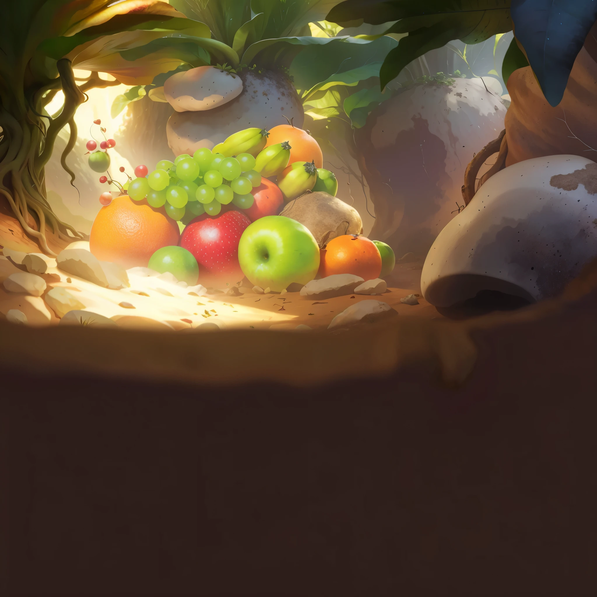Realistic,Microcosm,fruit,big leafs,root system,earthy,earthy地面。