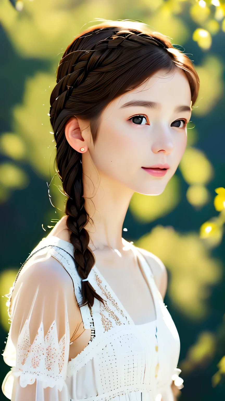 ???????、Realistic depiction of the human body、one woman、１６talent、very cute face、brown hair、french braid、small breasts、transparent skin、Highly realistic depiction、Rin々new expression、realism、Upper body angle、focus on face、white elegant dress、blurred background、highest quality、ultra high resolution、Highest image quality、master piece、digital art、digital portrait、perfect lighting、professional photographer