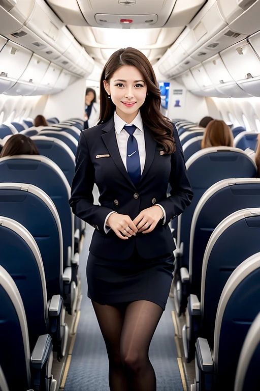 highest quality, masterpiece, Super high resolution, (Photoreal:1.4), 1 female flight attendant、beautiful expression、symmetrical eyes、big breasts、perfect body proportions、(black stewardess uniform)、Unbutton the chest、micro mini skirt、(black pantyhose)、look at the audience、(On the plane:1.2)、long legs(1.3)、smile、graceful posture、inside of a passenger plane、cheeks flushed