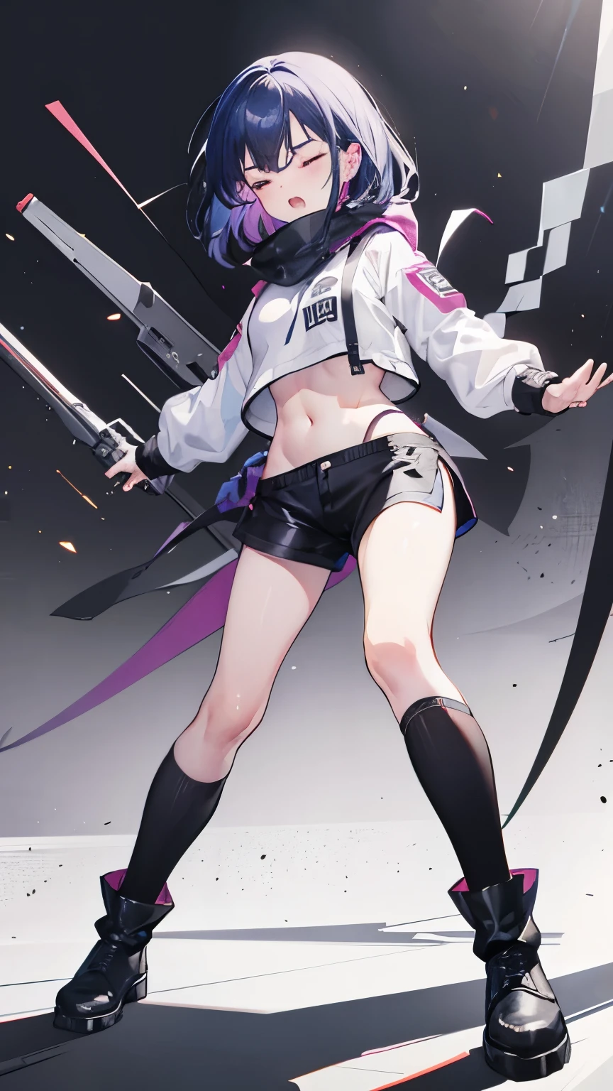 Cool girl, belly button exposed, thin legs, calf-length socks, boots, attacked by enemy, screaming with eyes closed, sweating, whole body