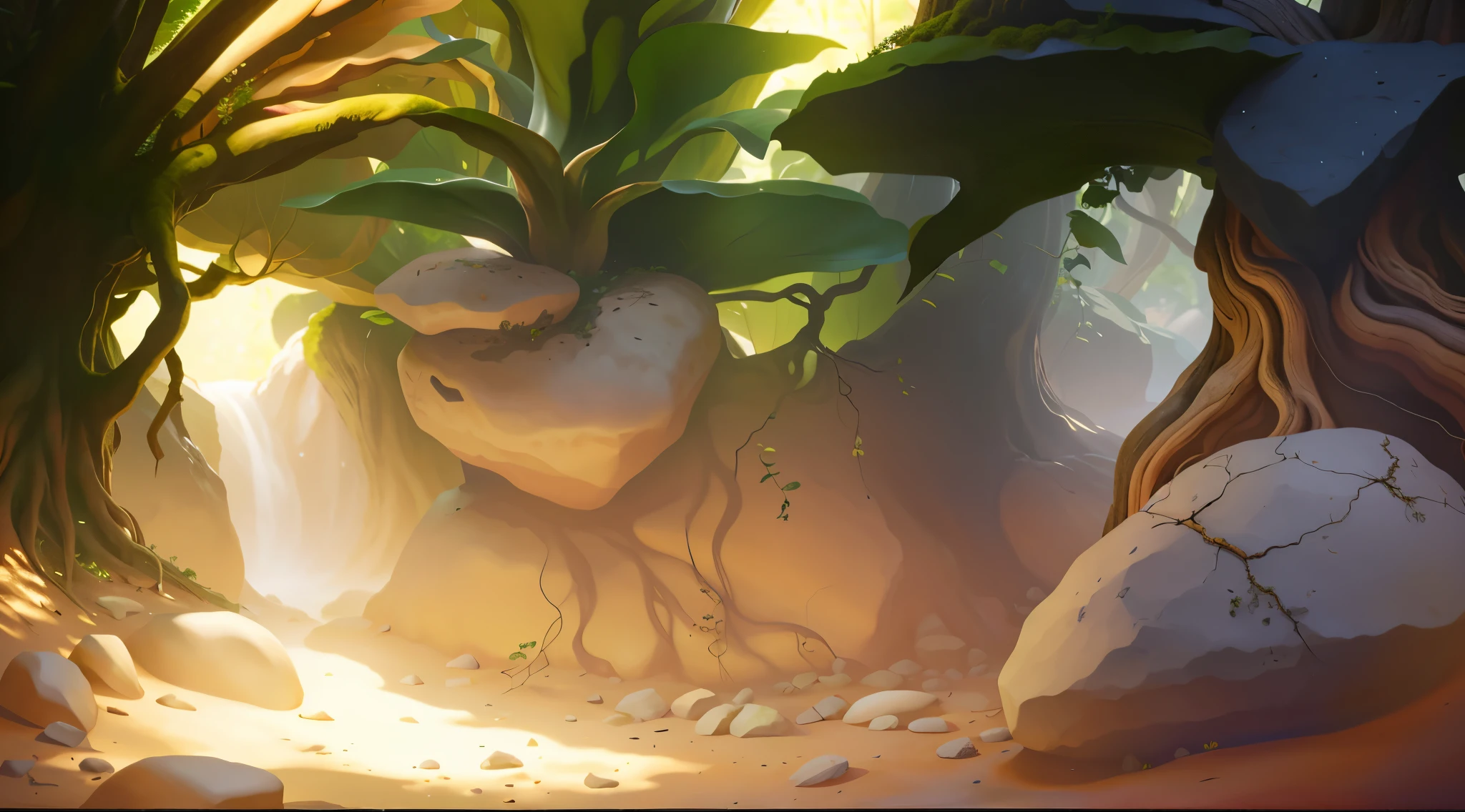 Realistic,Microcosm,big rocks,big leafs,root system,earthy,earthy地面。