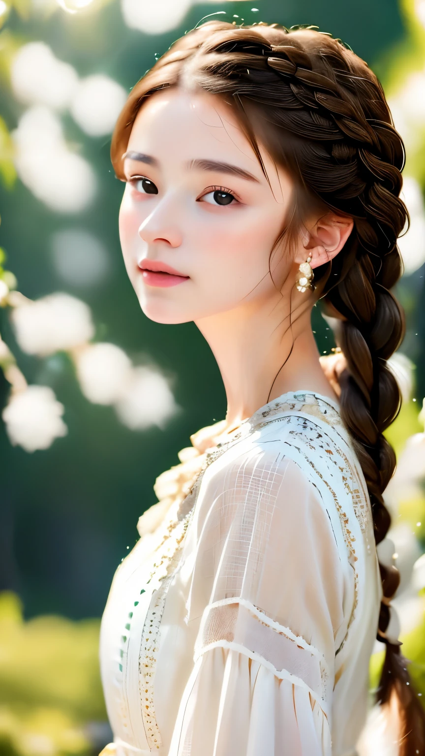 portrait、masterpiece:1.3、one girl、Upper body、Upper body、baby face、natural look、very cute、brown hair、french braid、、plump lips、no makeup、white elegant dress、realism、focus on face、最high quality、High resolution、Super detailed、high quality、Detailed details、8k、(((blurred background、cinematic lighting、professional photographer)))