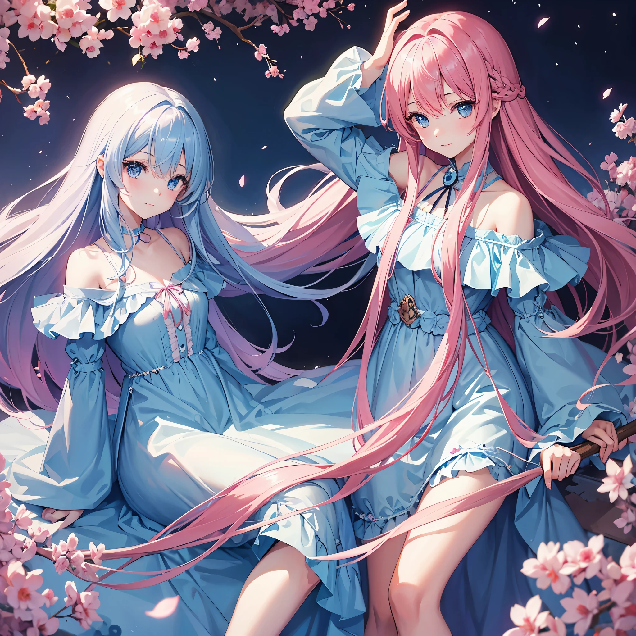Girl with long pink hair、blue eyes、cute、Light blue off-the-shoulder dress、up、just the face