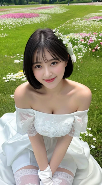 best quality,master piece,1 girl,23 years old,white wedding dress,surrounded by flowers,Upper body,Close-up,with short black hair,(small breasts),grassland,big breasts beautiful,looking at the viewer,smile,white stockings,Particle FX,off shoulder outfit,Black Big Eyes,