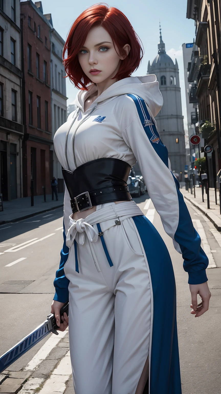 (A Gorgeous 20-Year-Old British Female Vampire Slayer), (Wavy Bob Cut Red Hair), (Pale Skin:1.2), (Blue Eyes), (Wearing White and Blue Hooded Urban-style Assassin Outfit), (City Road at Noon), (Dynamic Pose:1.6), Centered, (Waist-up Shot:1.4), From Front Shot, Insane Details, Intricate Face Detail, Intricate Hand Details, Cinematic Shot and Lighting, Realistic and Vibrant Colors, Masterpiece, Sharp Focus, Ultra Detailed, Incredibly Realistic Environment and Scene, Master Composition