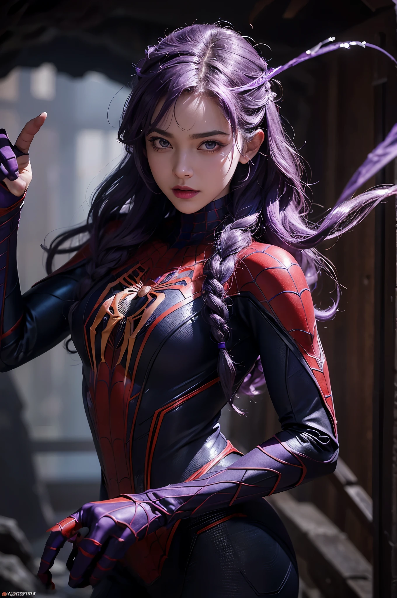 (Extreme Detail CG Unity 8K wallpaper, masterpiece, highest quality), (Exquisite lighting and shadow, highly dramatic picture, Cinematic lens effect), a beautiful girl in a purple Spider-Man costume, purple curly hair color, long hair, braiding hair, beautiful purple eye, evil face, pursed lips, Blue Lightning Point one's finger at oneself, from the Spider-Man parallel universe, Wenger, Marvel, Spider-Man, on the cave, very beautiful face, dynamic pose), (excellent detail, excellent lighting, wide angle), (excellent rendego on cave, enough to stand out in cave, clasocus on purple Spider-Man costumes, complex spider textures
