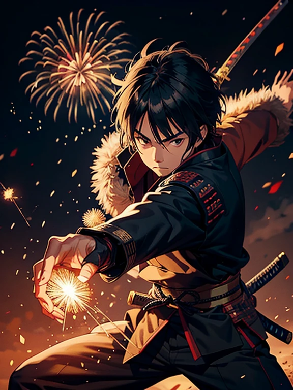 A samurai Masashi Yamato going to battle fully armed, brave look, high quality background, Katana, little fireworks