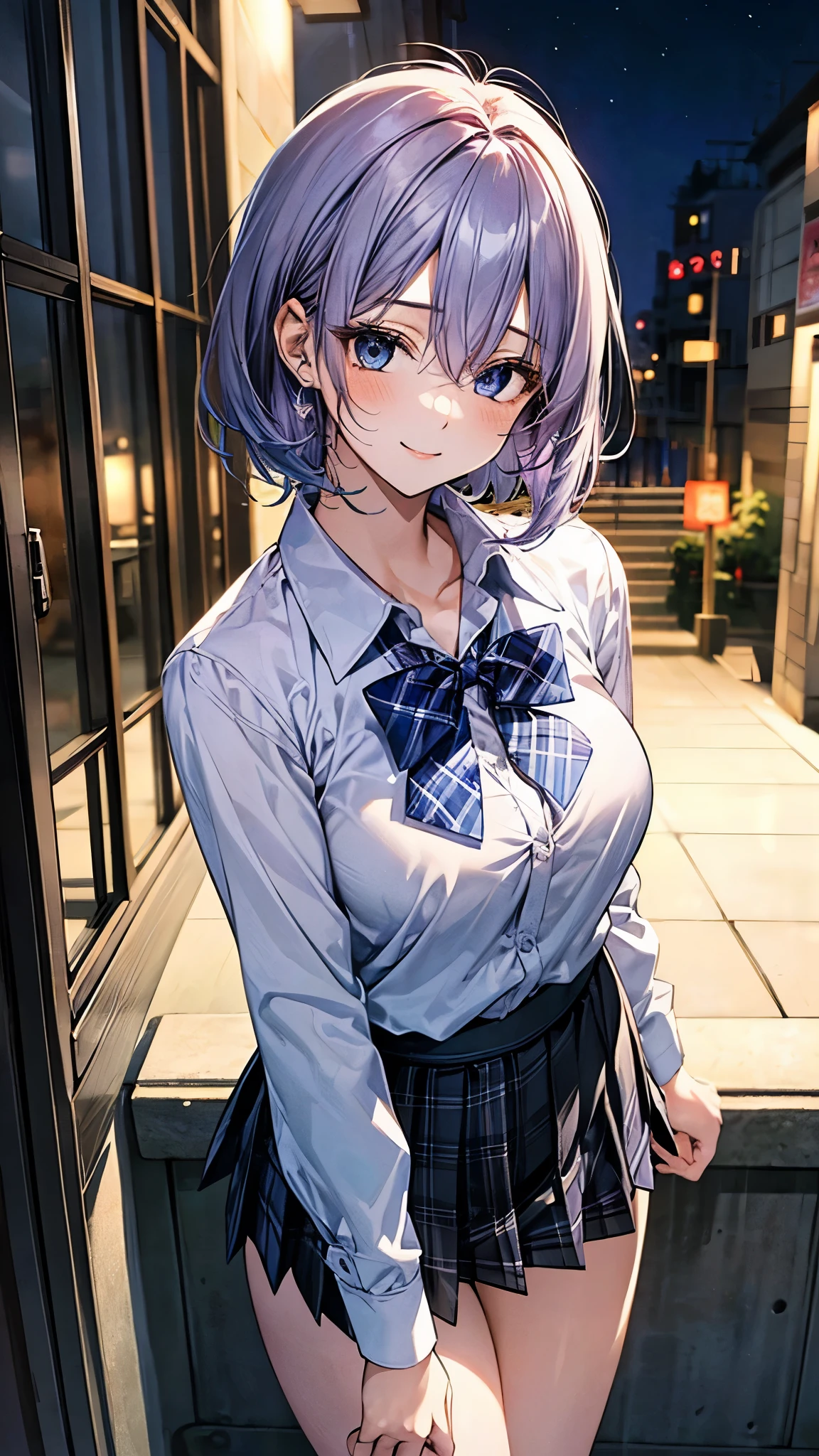(masterpiece:1.2, top quality), (actual, photoactual:1.4), Beautiful illustration, (natural side lighting, light), national foundation,
looking at the audience, cowboy shooting, Front view:0.6, 1 girl, Japanese, high school, perfect face, Cute and symmetrical face, shiny skin,
(short hair:1.2, High ball:1.2, light purple hair), hair between eyes, blue eyes, Eyelash extension tool, (big breasts:0.7, Thick thighs),
beautiful hair, pretty face, Beautiful and delicate eyes, Beautifulcollarbone, beautiful body, beautiful , beautiful thighs, beautiful legs, beautiful fingers,
((white collar shirt, blue bowtie, Black plaid pleated mini skirt)),
(Beautiful scenery), night, riverside, walk, (cute smile, Upper eyes),