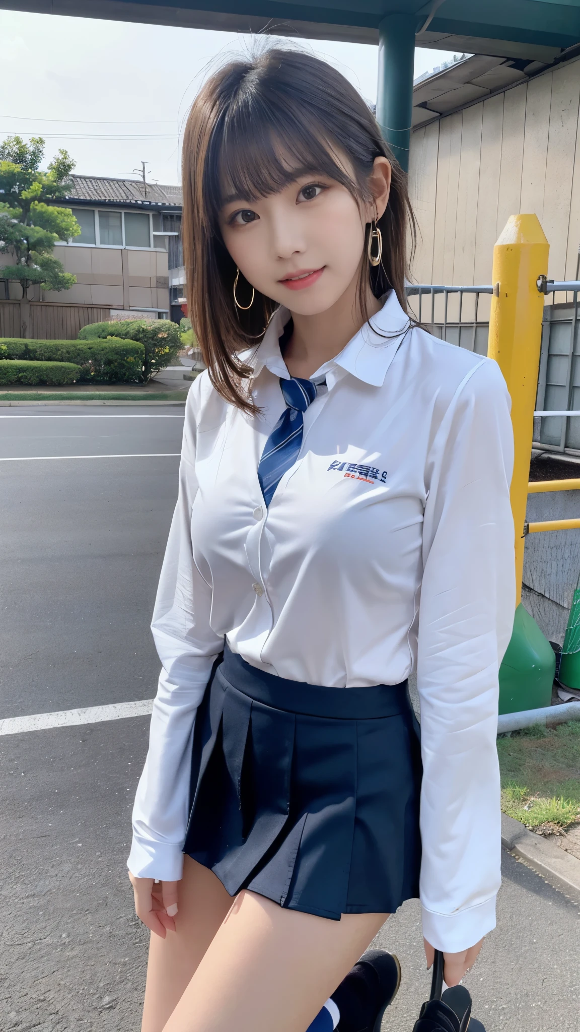 mix 4, (16k, RAW photo, best image quality, masterpiece: 1.45), (realistic, Photoreal: 1.37), one girl, cute, cityscape,, professional lighting, photon mapping, school classroom, Physically based rendering, dark brown hair,ponytail hairstyle, Beautiful well-groomed eyes、((double eyelid))、super cute girl, (((、blazer、Long-sleeved shirts worn by Japanese high school girls、ribbon tie、Navy blue super super mini skirt,、dark blue socks、black loafers))), highest quality photos, High resolution, 1080P, (clean face), (Detailed facial description), (Detailed explanation of hands), (masterpiece), (Detailed CG)、extreme light and shadow、messy hair、master work、Rich details、(detailed facial features)、(highest quality photos)、(Masseter muscle part)、(fine eyes)、look in front of you、thin clavicle、((slender and large))、(((Japanese high school girls wear long-sleeved shirts)))、((neat idol))、((school gate、schoolyard、School building in the background))、(Take photos from random viewpoints)、(((anyway that&#39;s cute)))、earrings、big smile、Draw the whole body from the knees、Don&#39;t draw thin lines、(((Sports bags used by Japan schoolgirls)))、(small breasts:1.2)、small buttocks with tension、Two arms and two legs、(((from the front:0.7)))、bare hands、(((symmetrical eyes)))、standing pose、put one&#39;s hand on the desk、Do not remove the tie from the jacket､Skirt length is quite short，