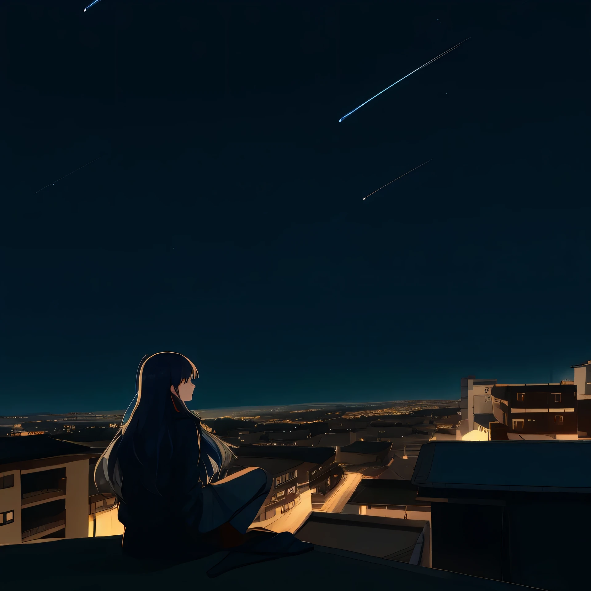 Night sky with stars and a man sitting on the roof, calm night. digital illustration, look at the stars, girl sitting on the roof, Xin Haicheng. digital rendering, girl looks at the space, look at the stars at night, night under the stars, look at the stars, Xin Haicheng. octane rendering, Starry sky environment under moonlight,The night sky is brighter,little girl's outline is illuminated