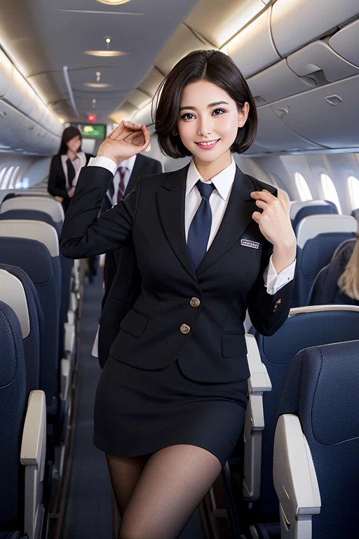 highest quality, masterpiece, Super high resolution, (Photoreal:1.4), 1 female flight attendant、beautiful expression、symmetrical eyes、big breasts、perfect body proportions、（black stewardess uniform）、Unbutton the chest、micro mini skirt、（black pantyhose）、look at the audience、(On the plane:1.2)、long legs(1.3)、smile、graceful posture、inside of a passenger plane、cheeks flushed、short hair