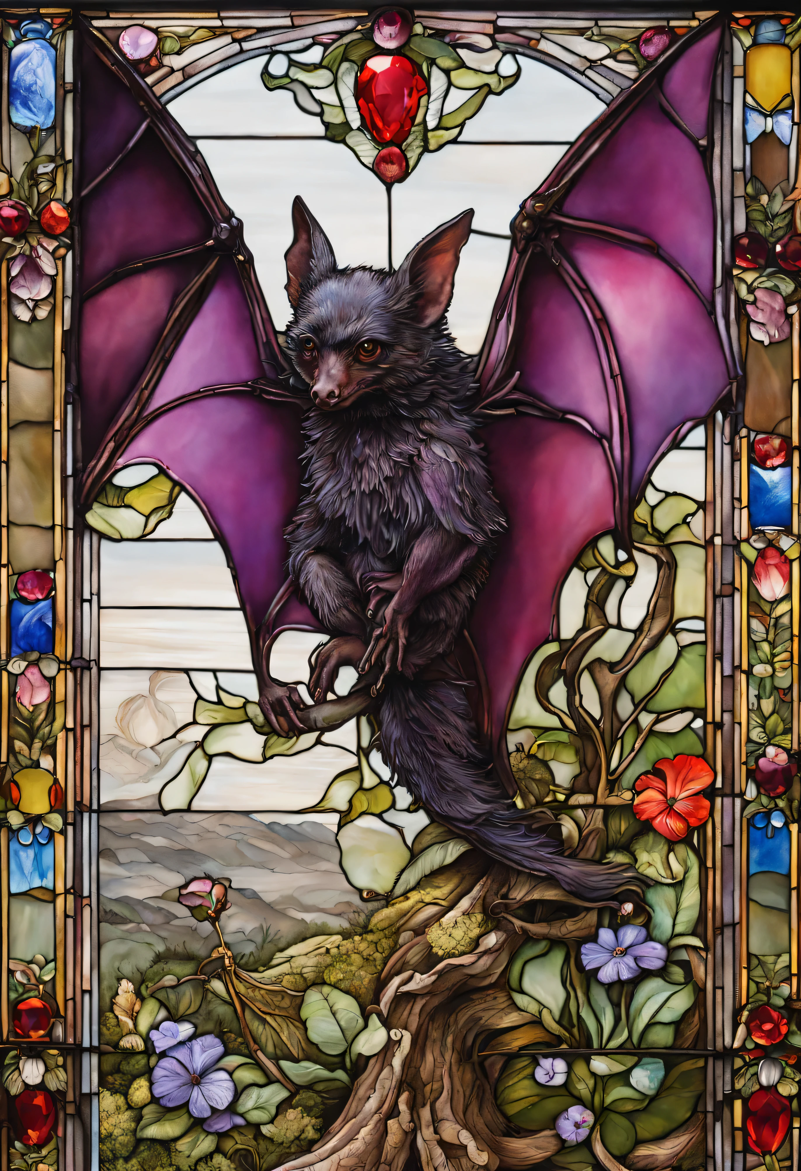 triadische Farben, mehrfachbelichtung filmisch, offizielle Kunst, close fairytale transparent glass bat, ruby root Grabrosenblüten, Eis Raureif, Barock, transmitted, very detailed stained glass wings, Amethystkristalle, schillernde Labradorit-Kristalle, Andy Kehoe, John Blanche, komplexer, sehr detaillierter Hintergrund, Detaillierte Illustration des Kinderbuchs, Fantasie, Filigran, Filigran detailed, kompliziert, Niedlich