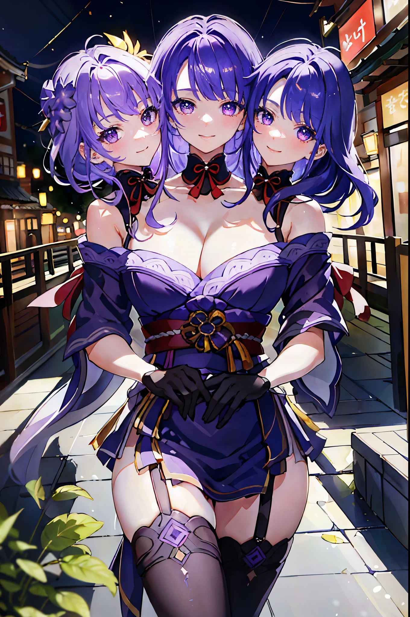 (masterpiece, best quality), best resolution, (3heads:1.5), 1girl, clear eyes, perfect faces, squished heads, raiden shogun, purple hair, identical hair color, same eye color, necks side by side, necks evenly spaced on shoulders, smiling, outdoors