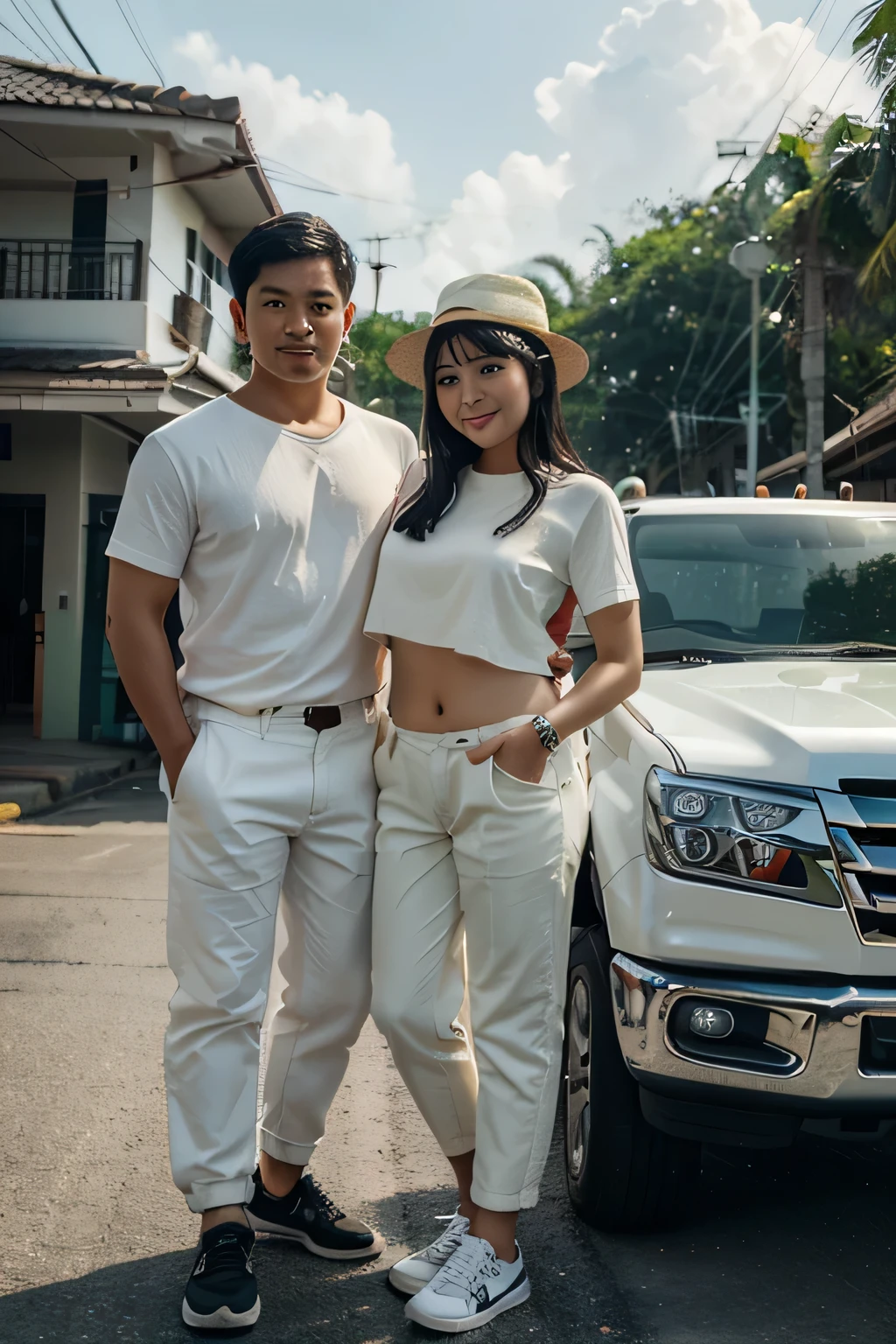 A beautiful Indonesian girl wearing a short yellow t-shirt, and a handsome Indonesian man wearing a yellow t-shirt, while joking, looking at a large empty board on the side of the road, next to a yellow Verary car with a car plate "YAHYA", hyper realistic