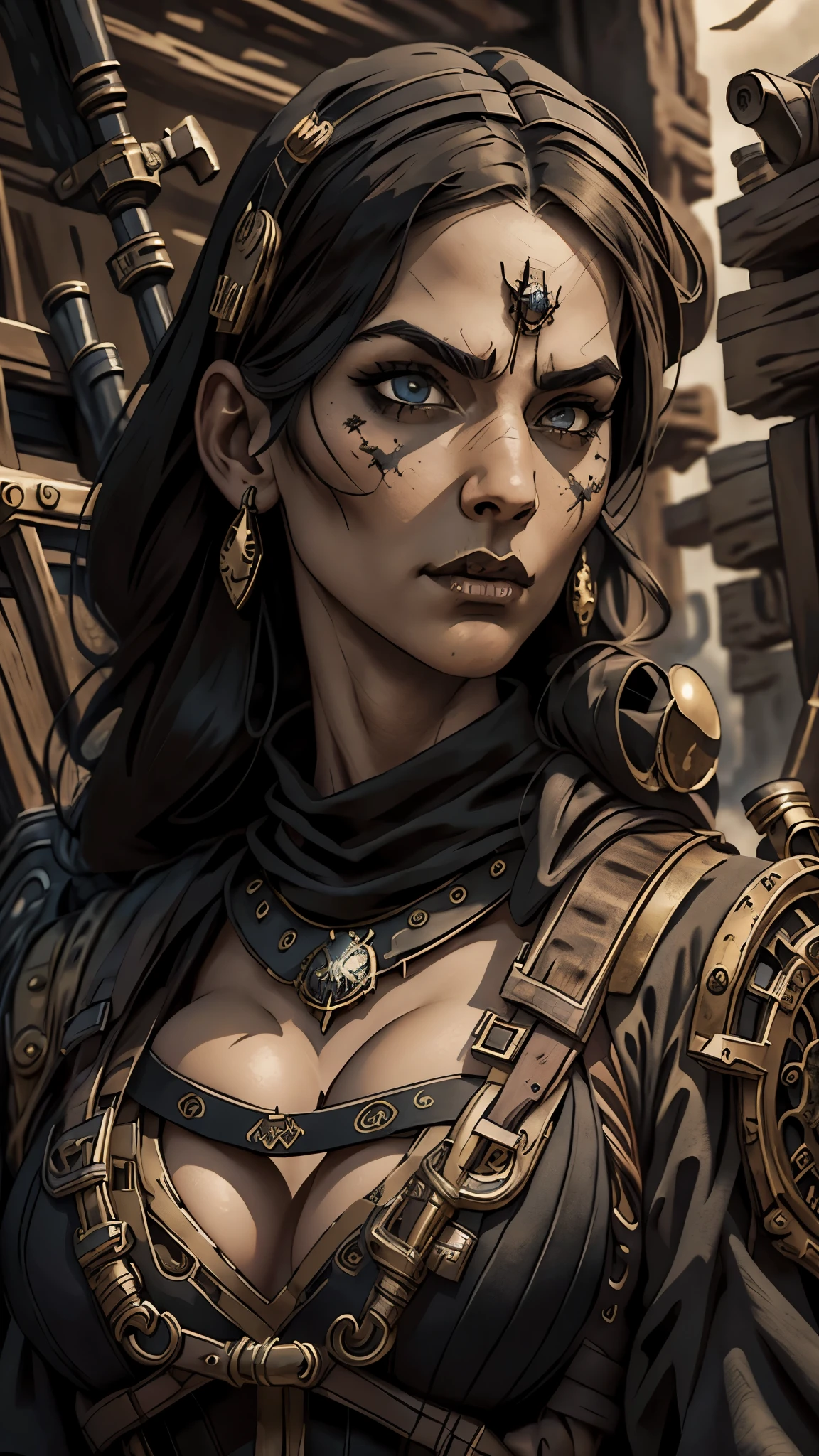 (masterpiece), best quality, expressive eyes, perfect face, detailed eyes, dark fantasy, ancient steampunk warrior, cleavage, black and gold outfit, massive snoopy breast,