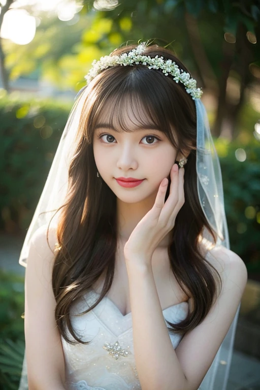1 girl,very bright backlight,alone,{beautiful and detailed eyes},big breasts,dazzling moonlight,calm expression,natural soft light,hair blown by the breeze,delicate features,dull bangs,beautiful korean girl,Smile in the eyes,very small earrings,wearing a wedding dress, veil and flower crown,23 years old,film grain,real hands,shy smile