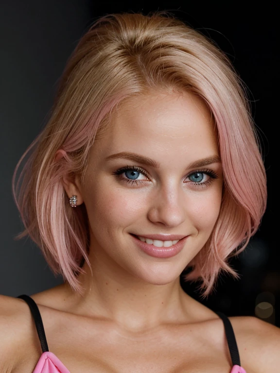 a closeup dark upper body shot photo of a blonde with perfect eyes, smile,pink hair, dark background
