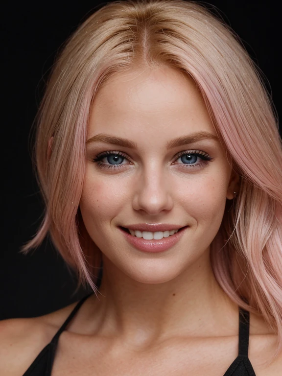 a closeup dark upper body shot photo of a blonde with perfect eyes, smile,pink hair, dark background