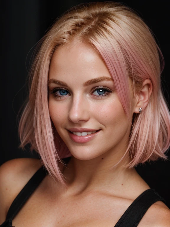 a closeup dark upper body shot photo of a blonde with perfect eyes, smile,pink hair, dark background
