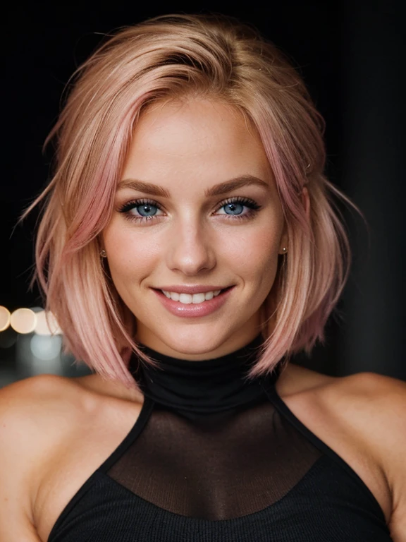 a closeup dark upper body shot photo of a blonde with perfect eyes, smile,pink hair, dark background