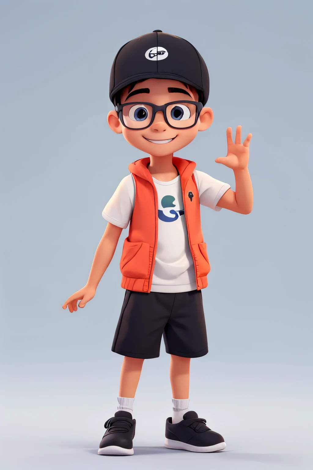 Cute Cartoon Boy, wearing sport vest, black glasses, wearing sport cap, wearing slipper, White background, best quality, whole body, smile to camera, say hi , happy face, wave hand at camera