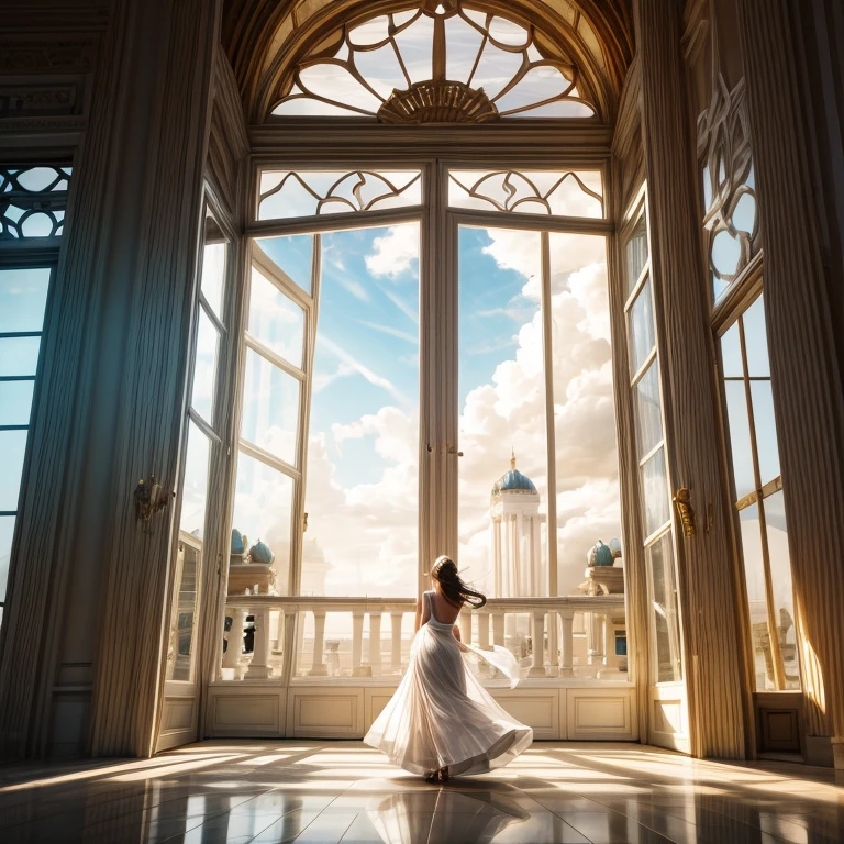 sunlight,palace terrace,Glass window,turn around,woman,The wind is blowing,white dress,dynamic angle